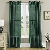 Emerald Green Sheer Curtains 84 Inches Long for Living Room,Rod Pocket Faux Linen Textured Neutral Moody Dark Academia Window Treatments Drapes 84 Inch Length 2 Panels Set,Hunter Forest Dark Green