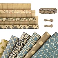 RUSPEPA Navy Geometric Design Kraft Wrapping Paper Sheet,Wrapping Paper Rolls with Tags, Stickers and Jute String - Total 6 Sheets and 3 Rolls - 17.5x 30 Inches per Sheet, 17 Inches x10 feet per Roll