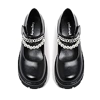 Women's Round Toe Ankle Strap Mary Jane Shoes Thick Bottom Low Heel Chunky Cup Oxford Dress Shoes Pearl Chain Trim Buckle