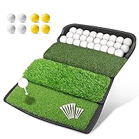 Golf Mat, Foldable 4-in-1 Golf Hitting Mats Practice with Ball Tray, 8 Golf Balls, 9 Golf Tees, Rubber Tee, Golf Hitting Training Aids for Backyard Driving Chipping Indoor Outdoor Training