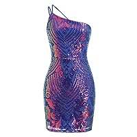 IMEKIS Women One Shoulder Short Tight Sequins Homecoming Dress for Teens Sparkly Floral Glitter Backless Bodycon Mini Dress