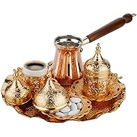 DEMMEX Turkish Greek Arabic Coffee Making and Serving Full Set with Cups Saucers Lids Sugar Bowl Tray and Copper Coffee Pot, 12 Pcs (Gold)