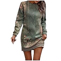 Trendy Long Sleeve T Shirt Dress for Women,Casual Plus Size Fall Winter Elegant Vintage Floral Cute Sexy Mini Dress