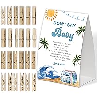 Beach Don't Say Baby Game for Baby Shower, Pack of One 5x7 Sign and 50 Mini Natural Clothespins, Summer Baby Shower Decoration, Gender Neutral Party Supplies - SC13