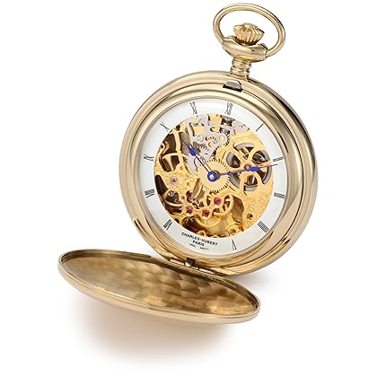 Charles-Hubert, Paris 3904-G Premium Collection Gold-Plated Stainless Steel Polished Finish Double Hunter Case Mechanical Pocket Watch