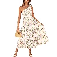 ZESICA Women's 2024 Bohemian Summer Floral Print One Shoulder Sleeveless Smocked Ruffle Tiered Beach Long Midi Dress