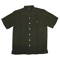 Rock On Guitar Men's Embroidered Silk Herringbone Weave Woven Shirt in Olive - L