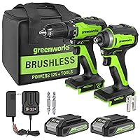Greenworks 24V MAX Cordless Brushless Drill + Impact Combo Kit, (2) 2.0Ah Batteries, (1) Charger, and Bag Included