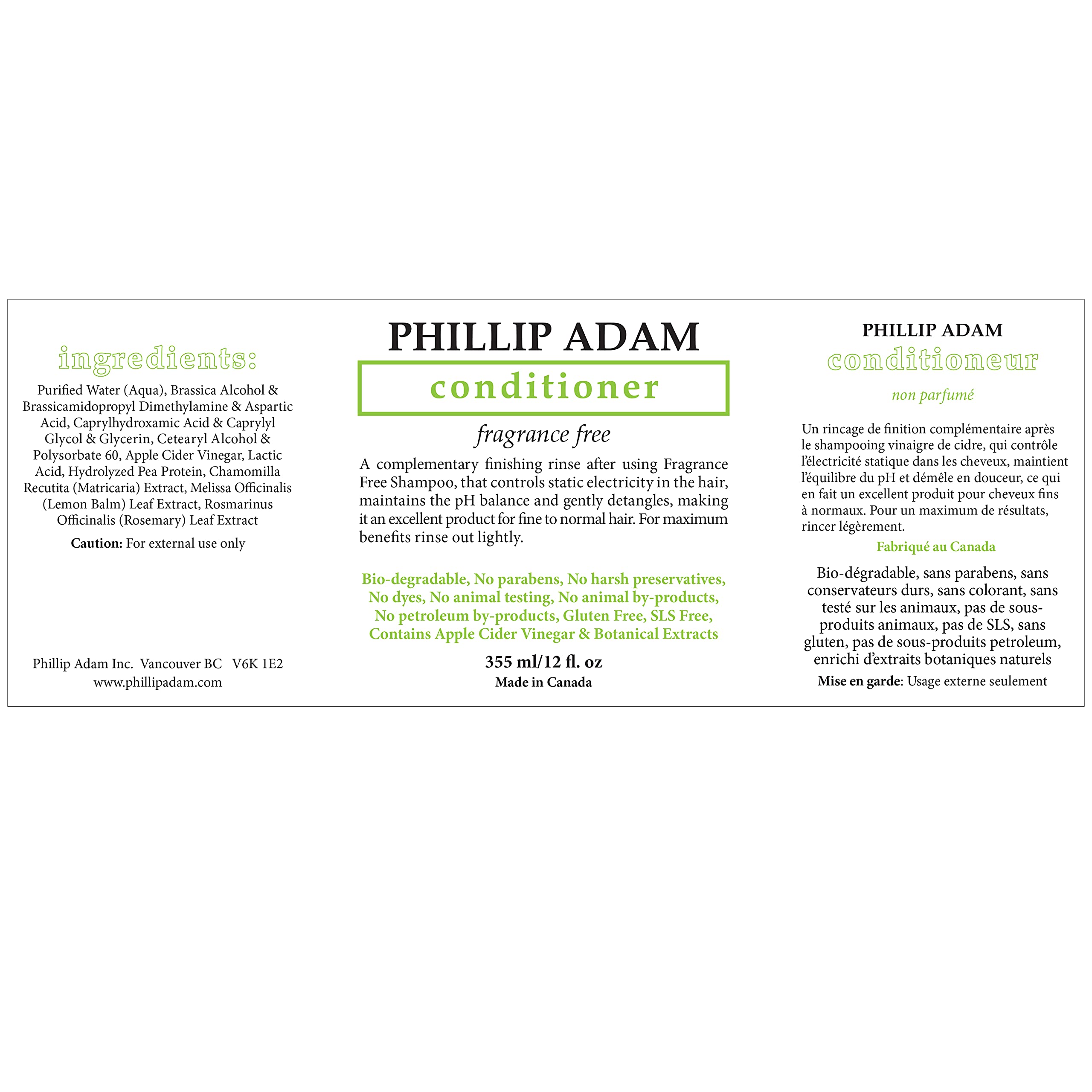 Phillip Adam Fragrance Free Conditioner - Apple Cider Vinegar Formula - No Parabens - For All Hair Types - 12 Ounce
