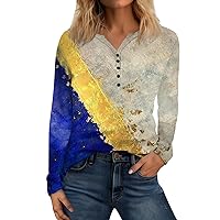 Womens Button Up T-Shirts Long Sleeve Henley Tunic Tops V-Neck Casual Blouse with Print Fall Clothes for Women 2023