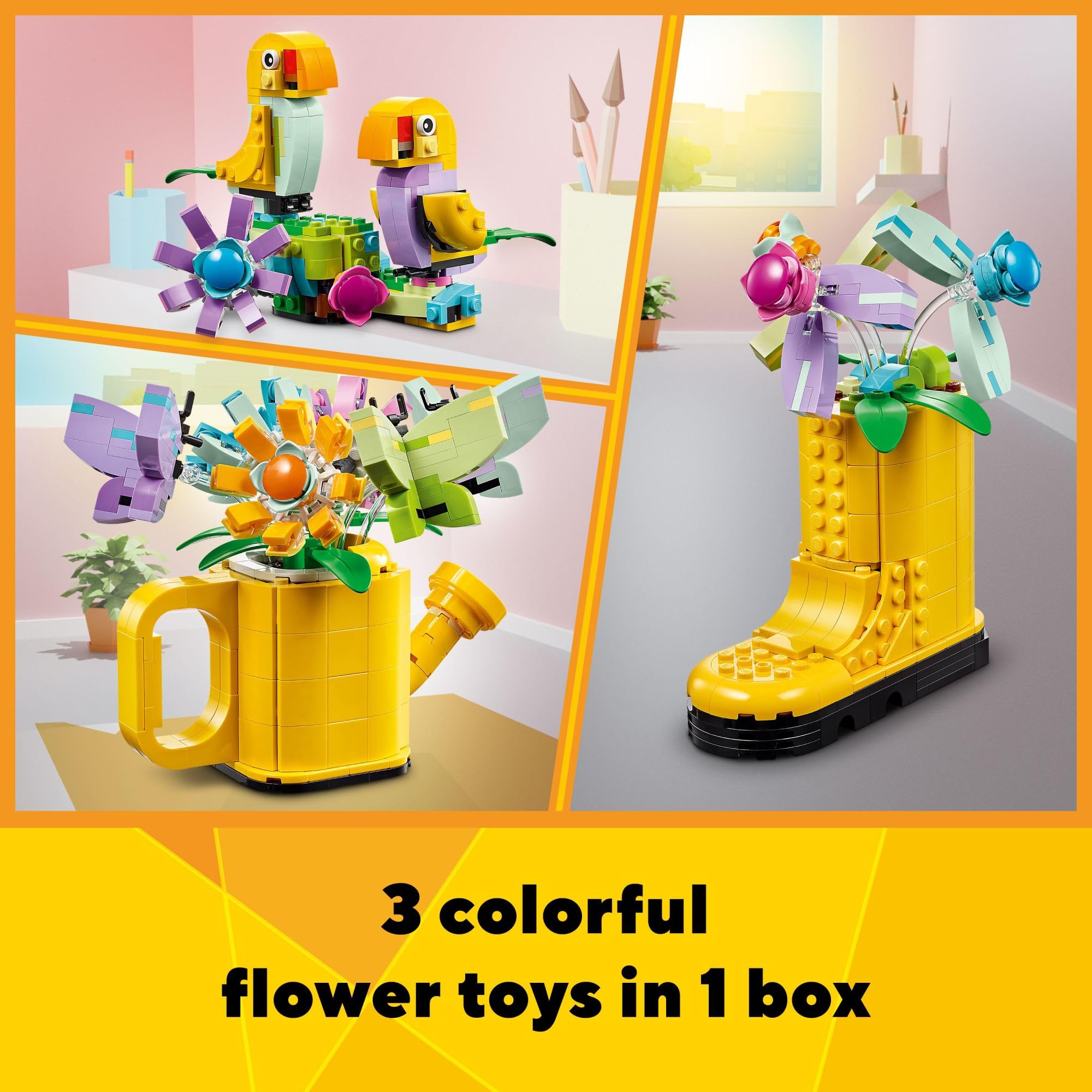 LEGO Creator 3 in 1 Flowers in Watering Can Building Toy, Transforms from Watering Can to Rain Boot to 2 Birds on a Perch, Fun Animal Toy for Kids, Birthday and Nature Toy for Girls and Boys, 31149