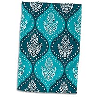 3D Rose Teal and Aqua White Henna Style Modern Damask Hand/Sports Towel, 15 x 22