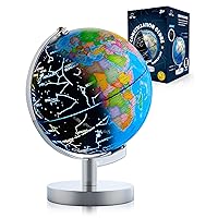 Illuminated Globe for Kids Learning- Globes of the World with Stand 3-in-1 STEM Kids Globe, Constellation Night Light Desk World Globe Lamp Built-in LED Light, Non-Tip Metal Base, 9.75” Tall
