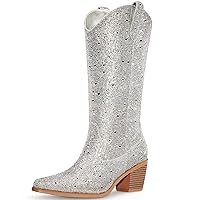 Rhinestone Cowboy Boots for Women - Sparkly Cowgirl Boots Wide Calf Glitter Bling Women's Western Boots Bedazzled Mid Calf Knee High Boots Bejeweled Shiny Boots Diamond Chunky Heel