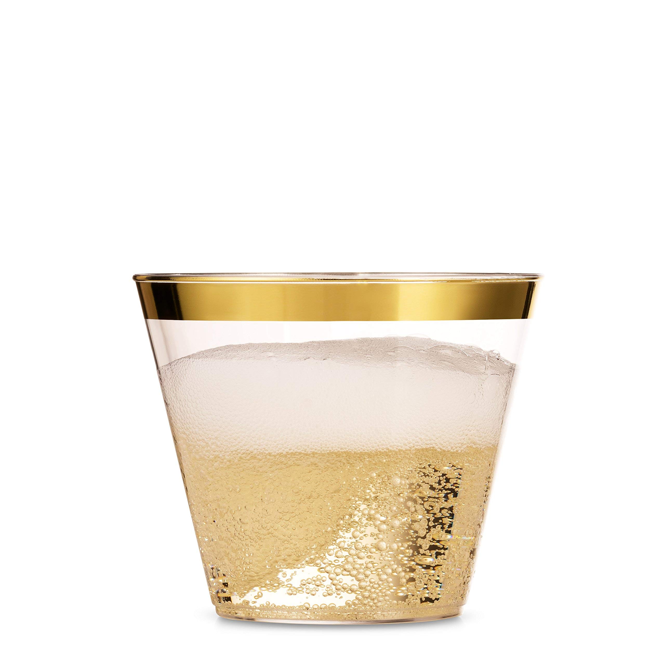 Munfix 100 Gold Plastic Cups 9 Oz Clear Plastic Cups Old Fashioned Tumblers Gold Rimmed Cups Fancy Disposable Wedding Cups Elegant Party Cups with Gold Rim