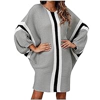 Women Striped Pullover Sweater Dress Oversized Dolman Sleeve Knit Jumper Dress Loose Contrast Color Mini Dresses
