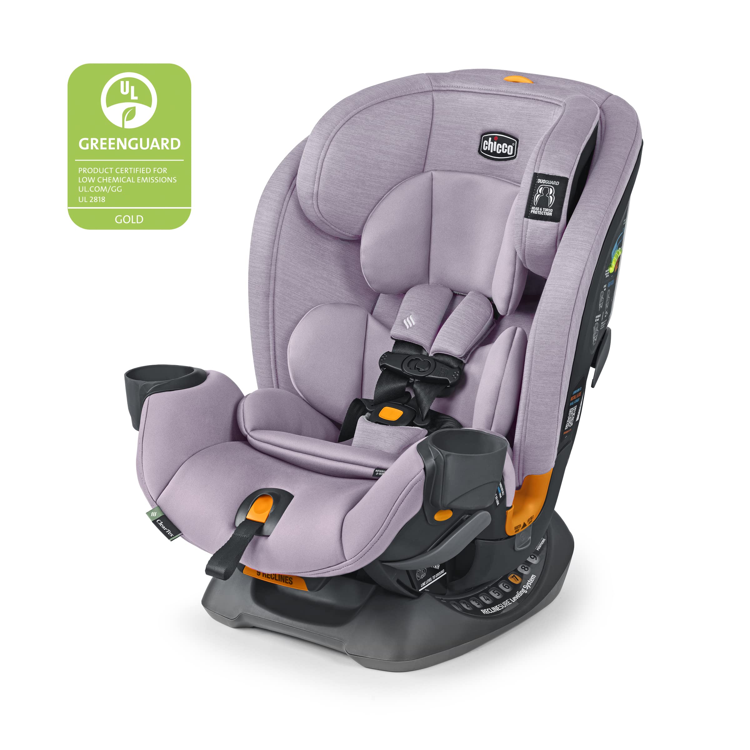 Chicco OneFit ClearTex Slim All-in-One Car Seat, Rear-Facing Seat for Infants 5-40 lbs., Forward-Facing Car Seat 25-65 lbs., Booster 40-100 lbs., Convertible Car Seat | Lilac/Purple
