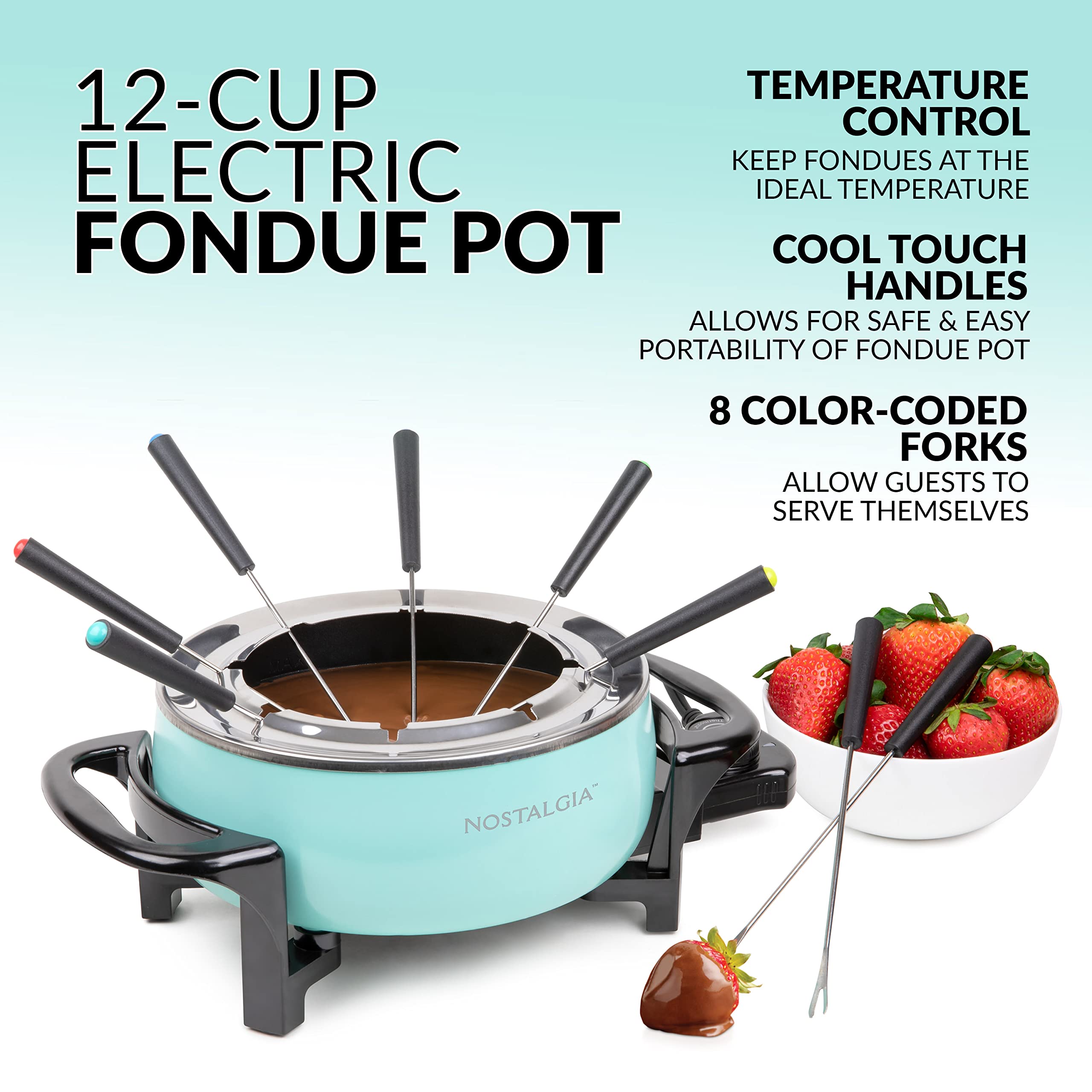 Nostalgia 12-Cup Electric Fondue Pot Set for Cheese & Chocolate - 8 Color-Coded Forks, Adjustable Temperature Control - Stylish Serving for Hors d'Oeuvres, Entrees, and Desserts - Aqua