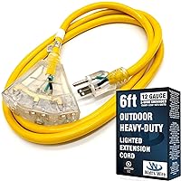 6 ft - 12 Gauge Heavy Duty Extension Cord - 3 Outlet Lighted SJTW - Indoor/Outdoor Extension Cord by Watt's Wire - 6' 12-Gauge Grounded 15 Amp Extension Cord Splitter