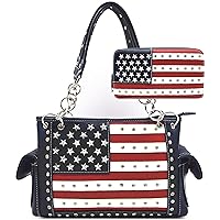 American Flag USA Stars and Stripes Patriotic Leather Purse Women Rhinestone Country Handbag Wallet Set Red White and Blue