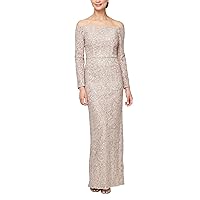 Alex Evenings Women's Long ¾ Sleeve Off The Shoulder Elegant Mother of The Bride Dress, Buff Corded