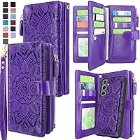 Harryshell Detachable Case Wallet Compatible with Samsung Galaxy S23 FE 5G Leather Case Cover with Cash Coin Zipper Pocket 12 Card Slots Holder Wrist Strap Lanyard (Flower Purple)