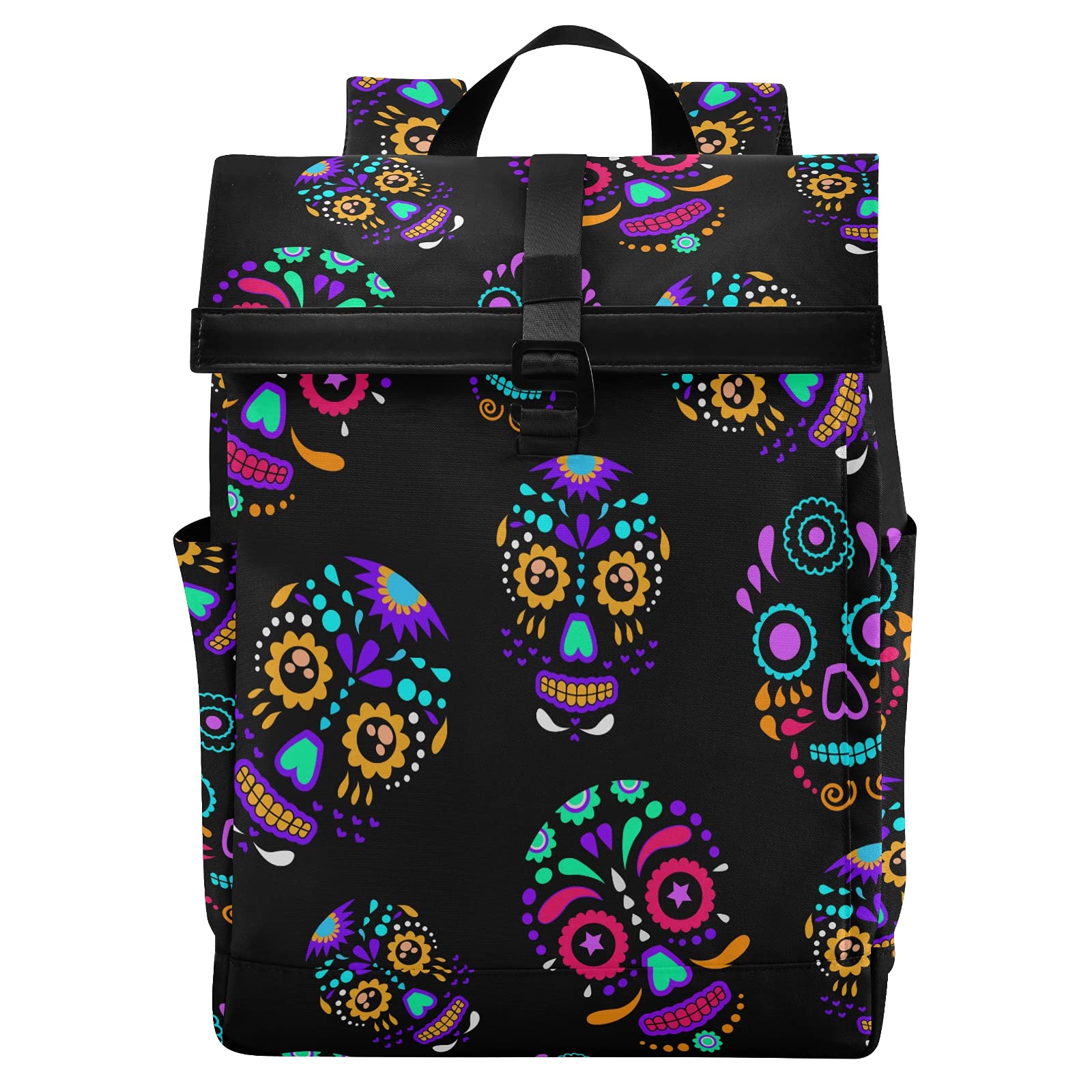 ALAZA Day Of The Dead Colorful Sugar Skull Floral Large Laptop Backpack Purse for Women Men Waterproof Anti Theft Roll Top Backpack, 13-17.3 inch