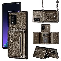 Wallet Case for TCL 30T T603DL with Shoulder Strap, 6 Card Slots Thin Slim Flip Purse, Credit Card Holder Stand Sparkly Glitter Bling Accessories Cell Phone Cover for TCL30T 30 T Women Men Grey