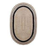 Natural Collection Oval Area Rug - 3' x 5' Oval Beige & Black Braided Handmade Flat Weave Jute Indoor Outdoor Use Carpet Geometric Kilim Rugs for Living Room Bedroom