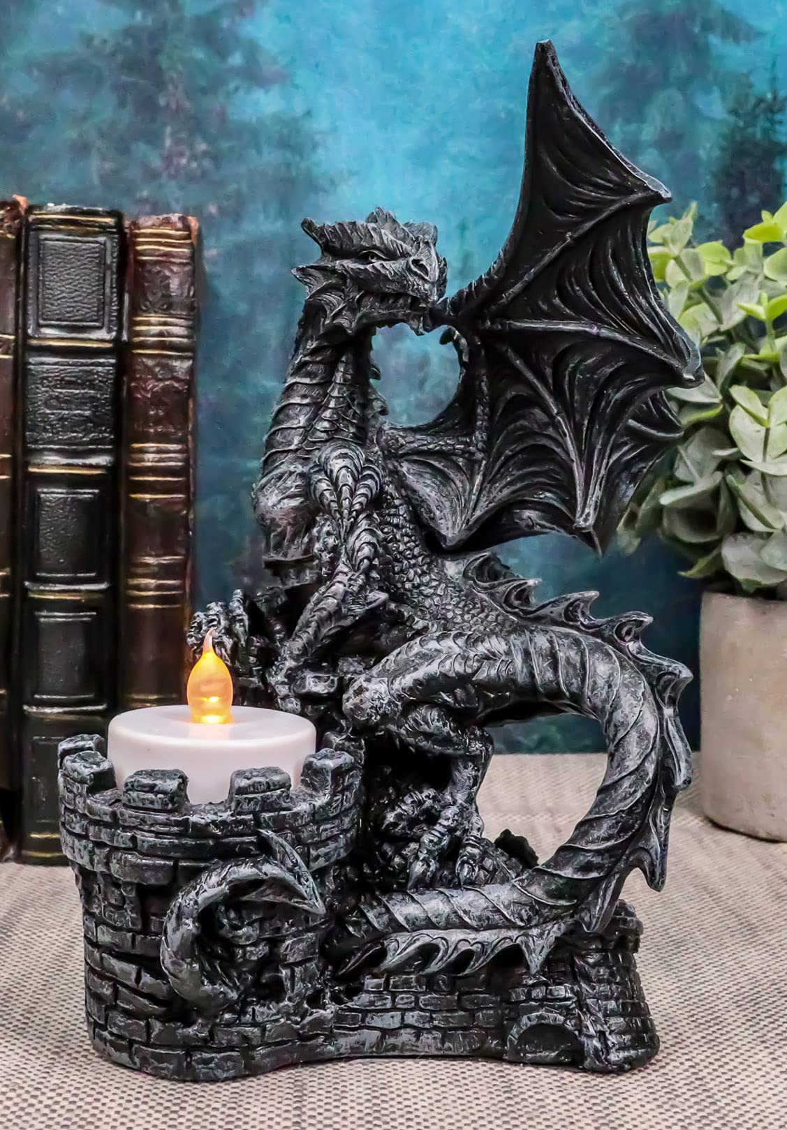 Ebros Fire Dragon Perching On Castle Fortress Turret Tea Light Candle Holder Statue 7"Tall Fantasy Faux Stone Gothic Dungeons And Dragons Candl...