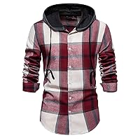 Mens Patchwork Hooded Shirts Button Down Flannel Checked Shirt Long Sleeve Drawstring Button Lattice Hoodies Tops