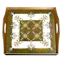 Original gift - Turkish Traditional Style Green and White Arabesque - Square Hand Painted Glass Tray with Gold Aluminium Frame