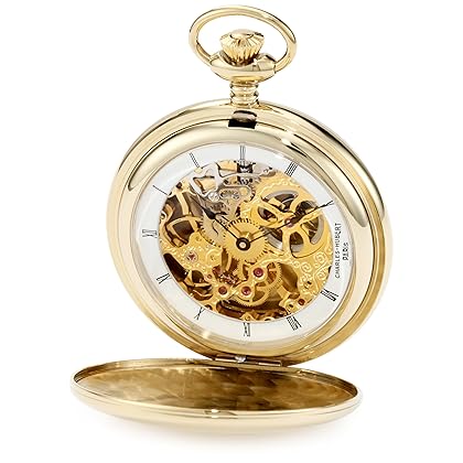 Charles-Hubert, Paris 3905-G Premium Collection Gold-Plated Stainless Steel Polished Finish Double Hunter Case Mechanical Pocket Watch