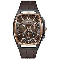 Bulova Men's CURV High Performance Quartz Black and Rose Gold-Tone Stainless Tonneau Shape Case,Brown Leather Strap Watch, 5-Hand Chronograph, Sapphire Crystal Style: 98A264