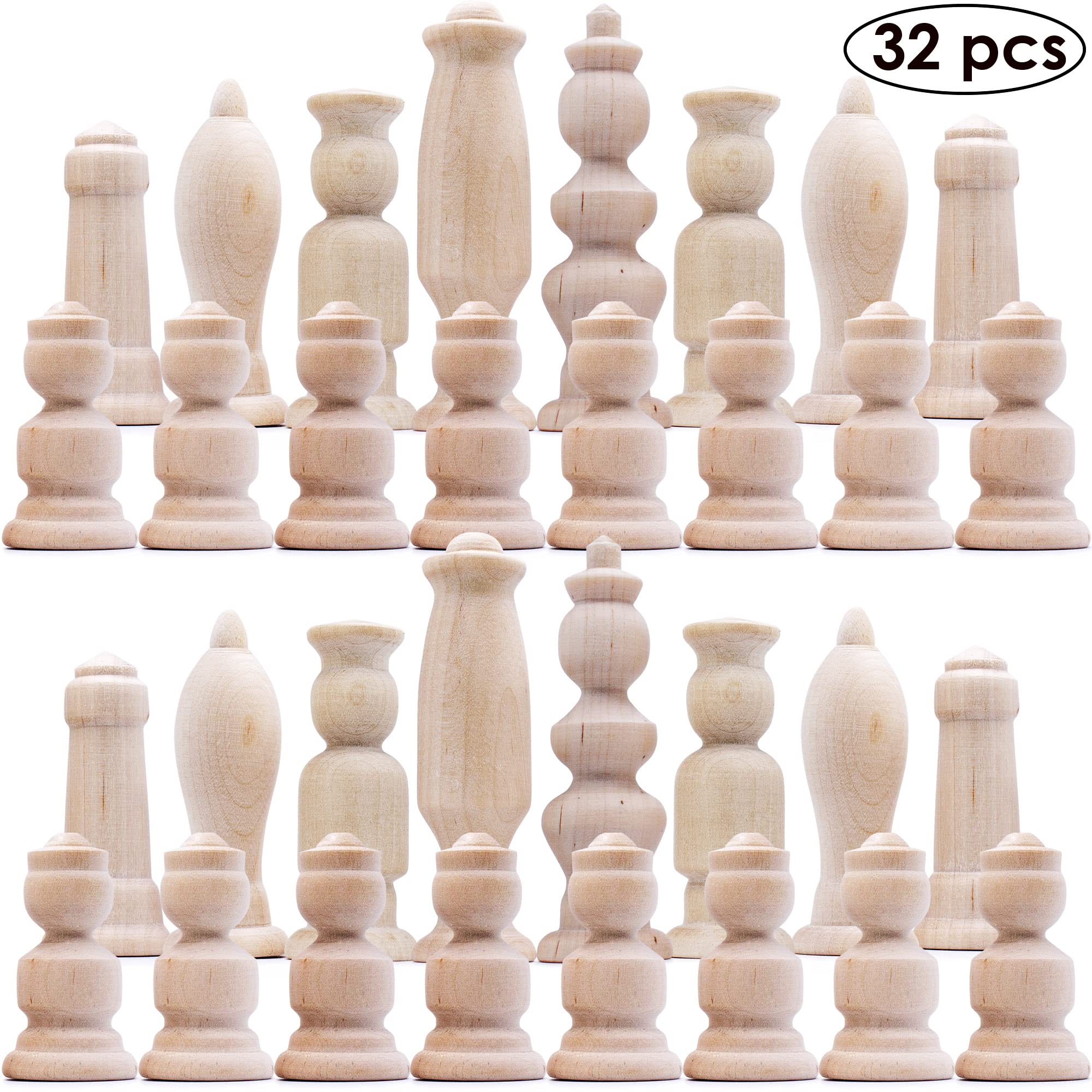 Unpainted Wood Chess Pieces Set of 32 pcs - Paint Your Own Chess Set - Chess Sets for DIY Craft - Unfinished Wood Doll for Arts and Crafts - Peg Dolls