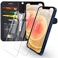 Arae for iPhone 12 Case and iPhone 12 Pro case Premium PU Leather Flip Cover Wallet Case (Black) with 3 Pack Ultra-Thin HD Tempered Glass Screen Protectors, 6.1 inch