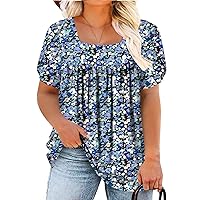 VISLILY Womens-Plus-Size-Summer-Tops Petal Short Sleeve T Shirts Square Neck Blouses Flowy Pleated Tunics XL-5XL