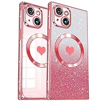 Magnetic iPhone 15 Plus Case Square [Compatible with MagSafe] Full Lens Protection Clear Cute HeartPattern & Glitter Sparkle Cover for Women Girls 6.7''-Pink