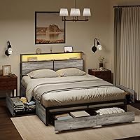 LED Bed Frame Full Size with Headboard & 4 Storage Drawers Platform Bed Frame with 2 Charging Outlets and 2 USB Ports Strong Metal Slats Support No Box Spring Needed,Greige