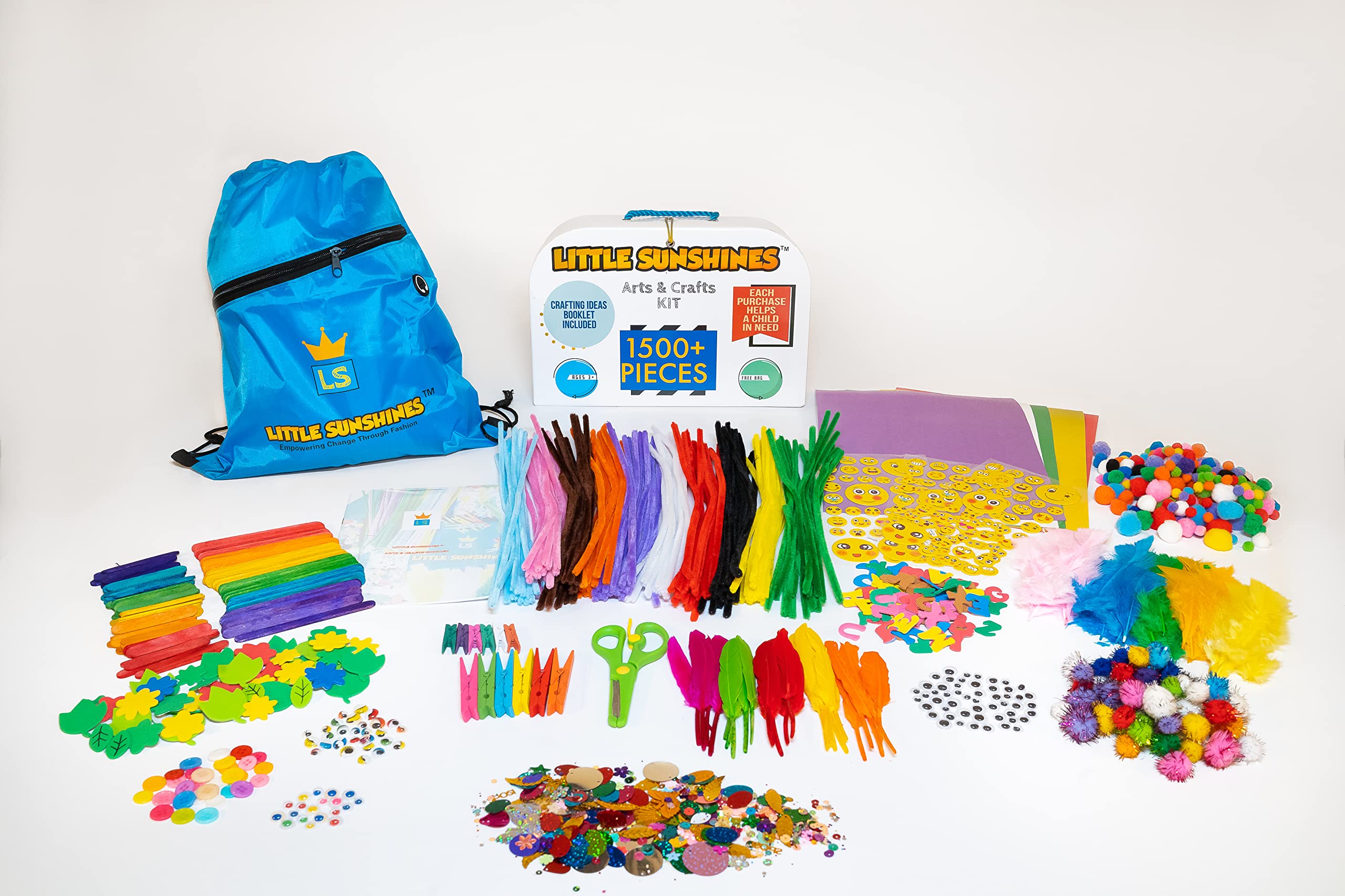 LITTLE SUNSHINES Arts & Crafts Supplies - Giant Craft Box with Pipe Cleaners Sequins Pompoms and More - Storage Bag & Arts and Crafts Project Ideas - Kids Art Set and Crafts for Kids Ages 4-8