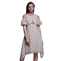 Bimba Moss Georgette Printed Women’s Chic Style Cold Shoulder Tunic Party Round Neck Shift Dress