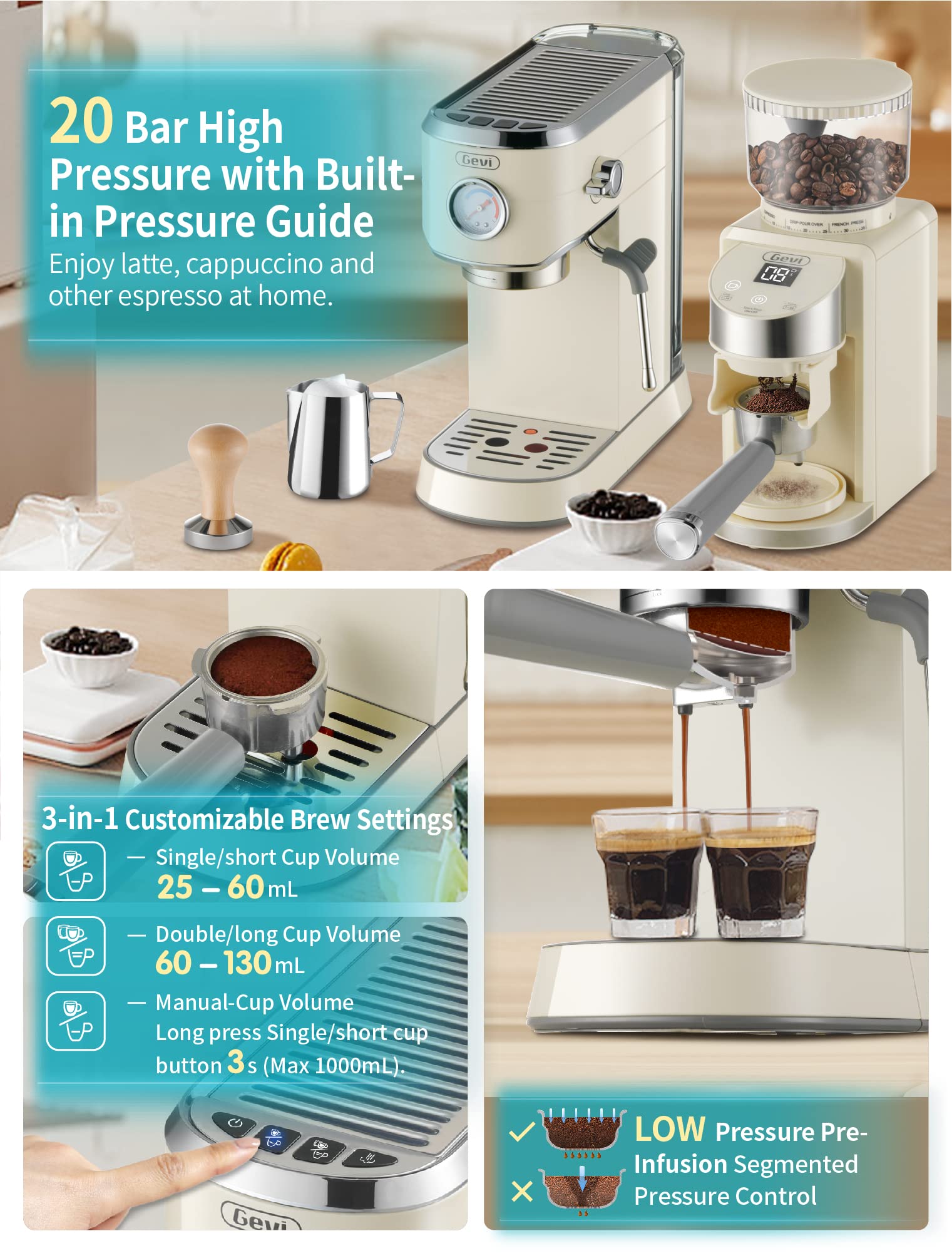 Gevi 20 Bar Compact Professional Espresso Coffee Machine with Milk Frother for Espresso, Latte and Cappuccino with Gevi Burr Coffee Grinder with 35 Precise Grind Settings, Beige