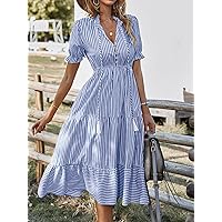 TLULY Dress for Women Vertical Striped Flounce Sleeve Tassel Tie Neck Ruffle Hem Dress (Color : Blue and White, Size : Medium)