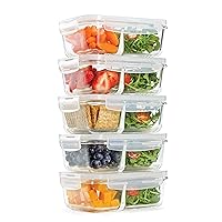 Fit & Fresh Divided, 5-Pack, Two Compartments, Set of 5 Containers with Locking Lids, Glass Storage, Meal Prep Containers with Airtight Seal, 27 oz.