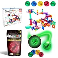 PicassoTiles 100PC Marble Run Race Track + 4PC LED Light-Up Glow in The Dark Translucent Balls: STEAM Educational Playset for Kids - Fun Learning Construction Toy, Creative Design, Sensory Development