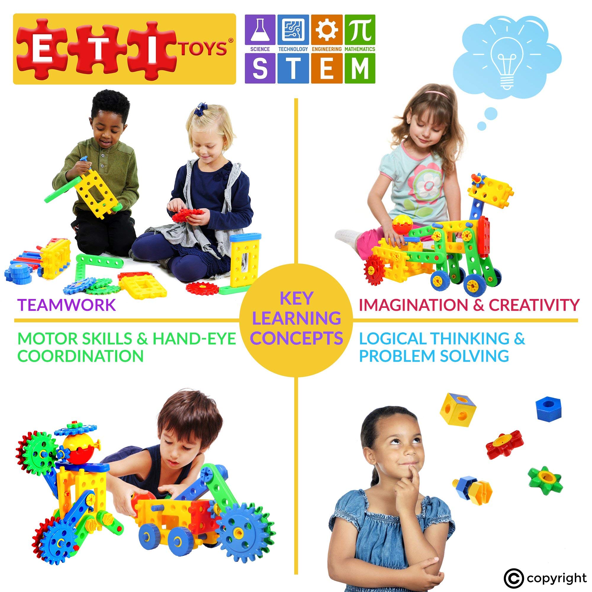 ETI Toys, STEM Learning, 109 Piece Educational Engineering Construction Blocks & Gears Building Set. Build Excavator, Horse & Buggy and More. Gift, Toy for 4, 5, 6, 7 Year Old Boys and Girls