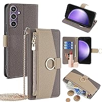 ONNAT-PU Leather Wallet Case for Samsung Galaxy S24 Ultra/S24 Plus/S24 with Card Slots and Cash Slot Flip Folio Zipper Wallet Removable Shoulder Strap with Makeup Mirror (S24 Ultra,Gray)