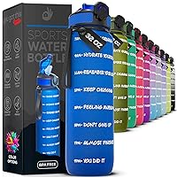 Motivational Sports Water Bottle,32 ounce Water Bottle with Time Marker,1 Liter Gym Water Bottle, One Click Open-Easy Carry Handle SpillProof,BPA FREE