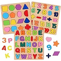 Wooden Puzzles for Toddlers 1 2 3 4 5 Year Old, Alphabet Puzzle Number Puzzle Shape ABC Puzzle, 3 in 1 Preschool Educational Learning Toys with Puzzle Board for Girls Boys Set of 3