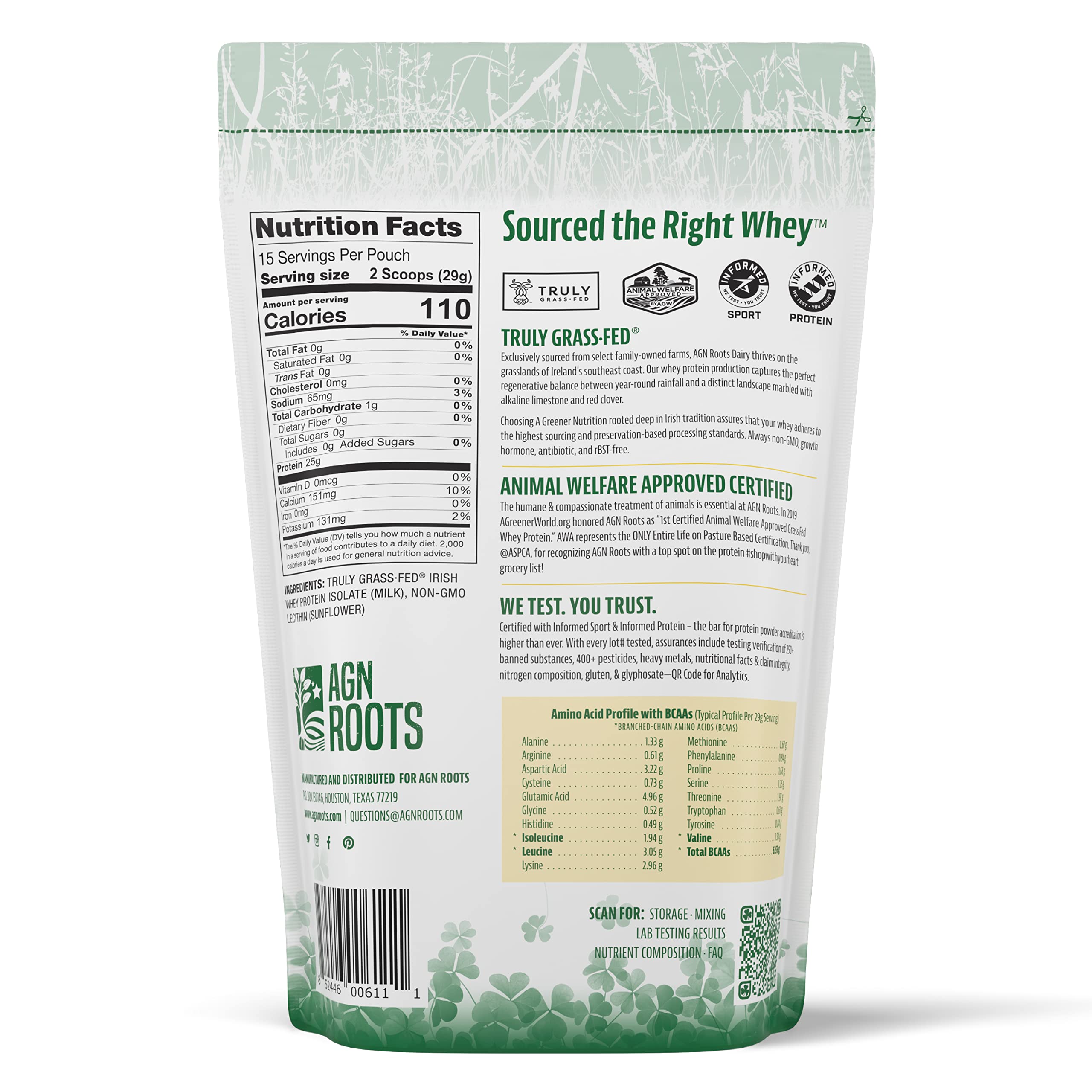 AGN Roots Grass Fed Whey Protein Powder Isolate - Unflavored - Unsweetened - Certified Entire Life On Pasture by A Greener World - ASPCA Registered - Informed Sport - Informed Protein 1lbs